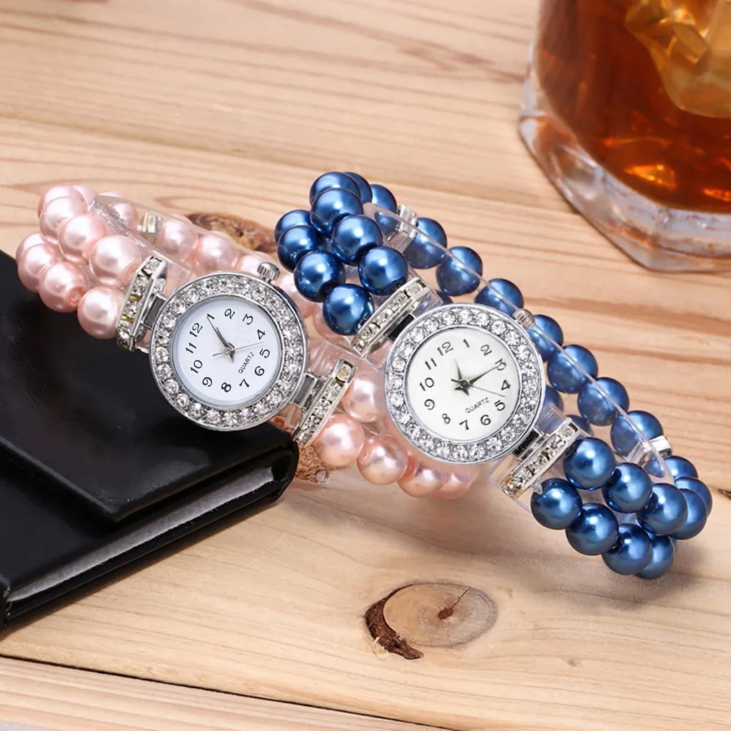 Fashionable And Versatile Exquisite Luxury Ladies’ Pearl Chain Round Dial Diamond Edge Embroider Quartz Watch Suitable For Party Qme