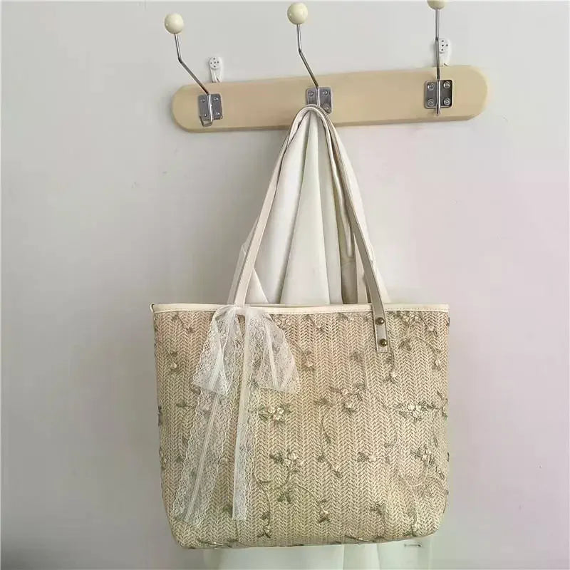 Woven Straw Tote Bag With Floral Embroidery And Lace Bow Detail Shoulder Bag Perfect For Daily Commute Beach Trips Shopping Qme