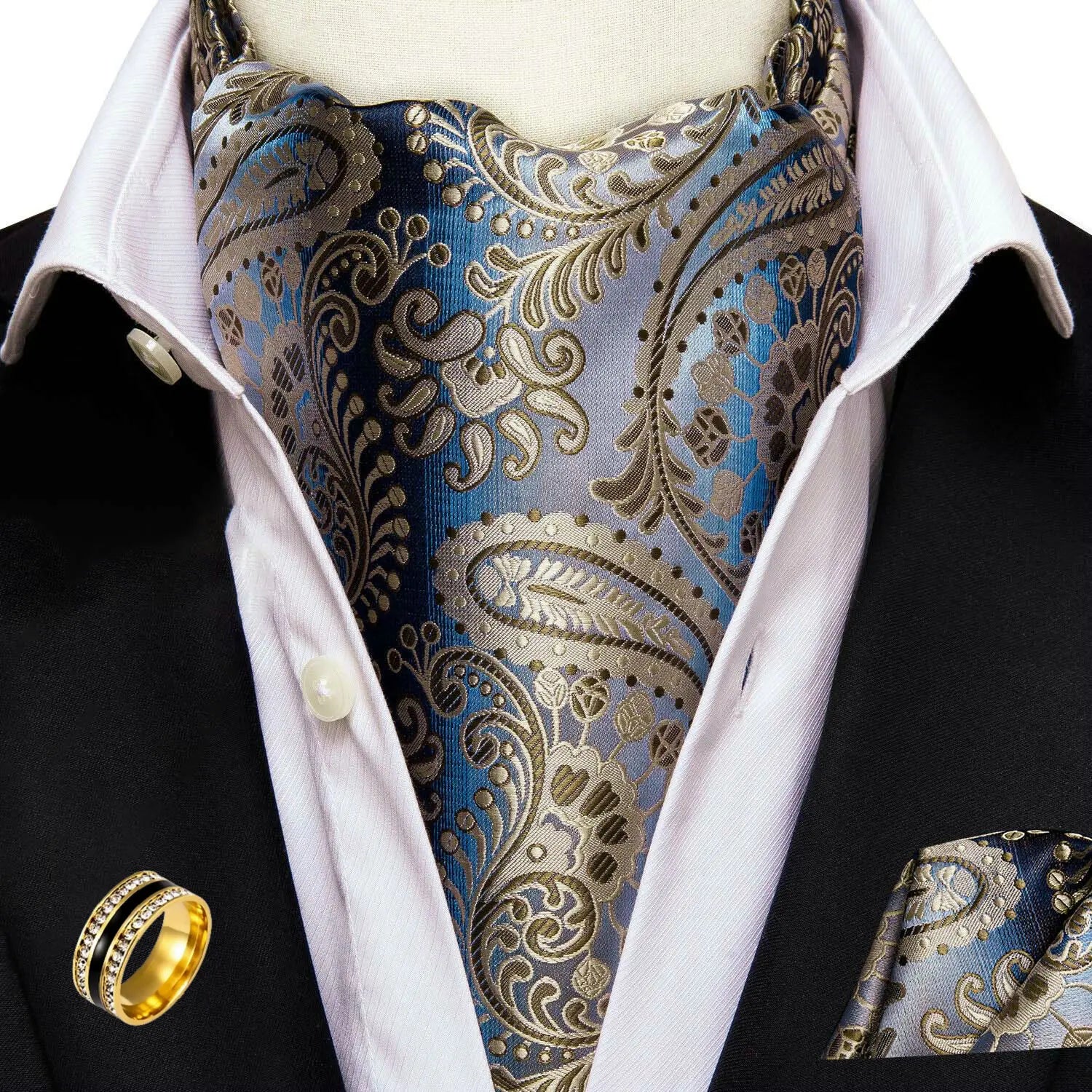 Ascot Tie Set, Classic Cravat with Pocket Square & Decorative Ring, Fashion Men's Neck Accessories Wedding silk Party Daily Wear Qme AS-1040-JZ0020