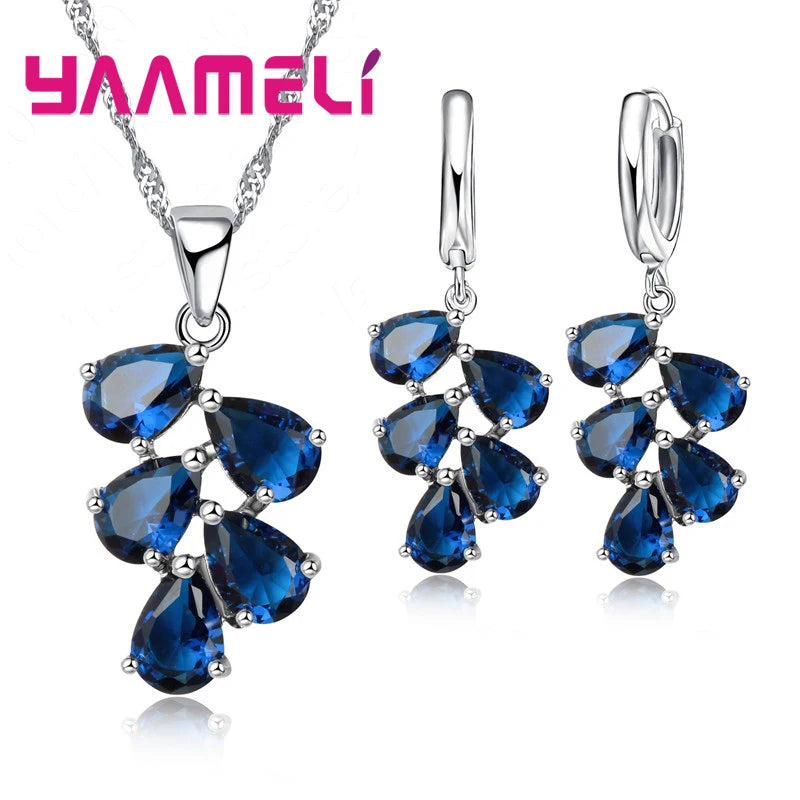 Anniversary Gift For Women Trendy 925 Sterling Silver Color Jewelry Sets Cubic Zirconia Pendants Necklaces Charm Hoop Earrings Qme