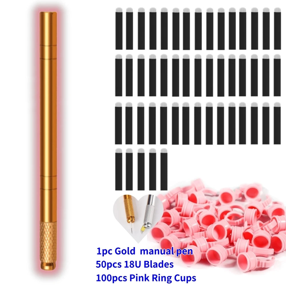 Brand New 3D Microblading Manual Pen Needles Permanent Makeup Professional PMU Eyebrow Microblading Ring Caps Kit Set Tool Qme Golden No Case