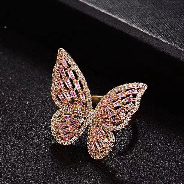 Luxury Sliver Color Zircon Multi Butterfly Open Ring for Women Exaggerated Personality Adjustable Finger Ring Wedding Jewelry Qme 3 resizable