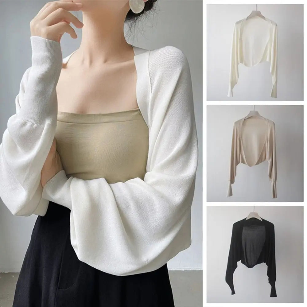 French Summer Thin Knit Shawl Solid Color Long Sleeve Ice Silk Shawl Casual Wraps Sunscreen Coat Female Qme