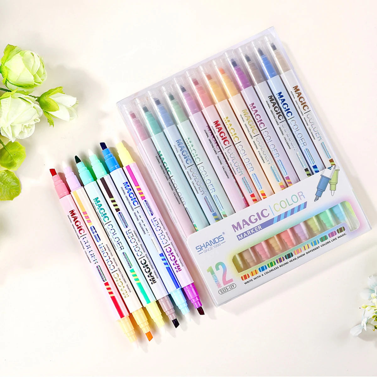 Double Tips Magic Highlighter Pen Markers Pastel Drawing Pen for Student School Office Supplies Cute Stationery Qme 12 colors