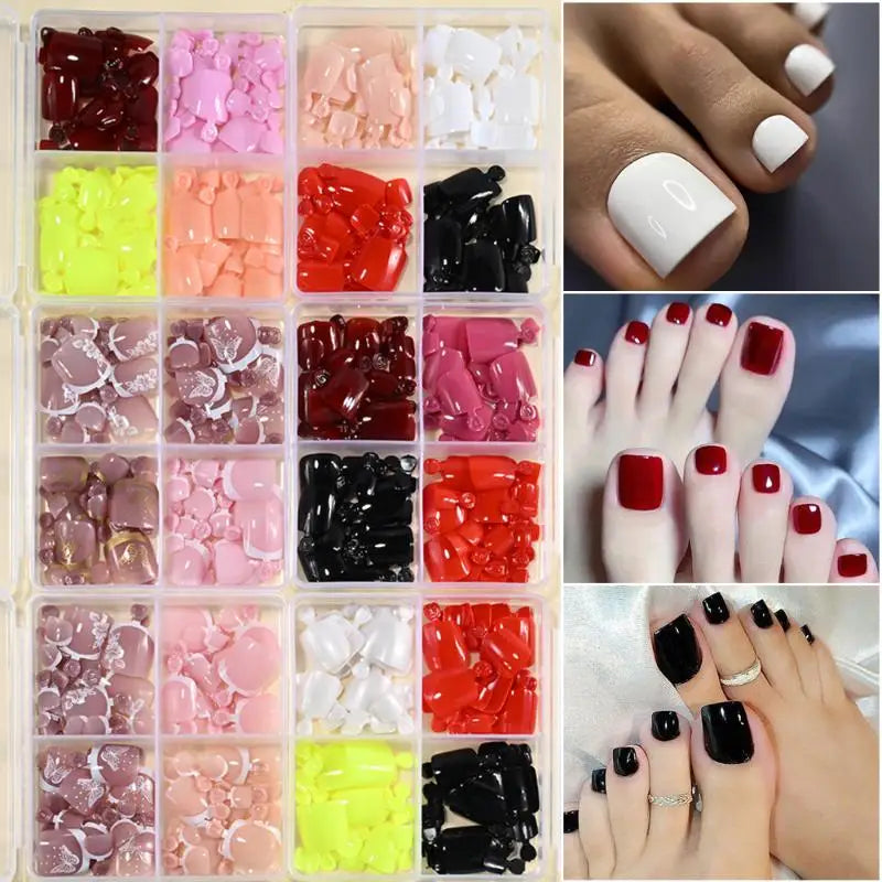 4 Grid Short Square False Toenail Tips Full Cover Artificial Fake Qme
