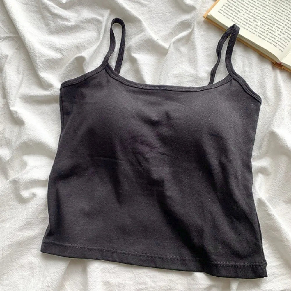 Tank Top Simple Spaghetti Straps Camisole Korean Style Cotton Slim Crop Top Solid Color Bottoming Shirt Sling Vest Women Qme Dark Grey One Size