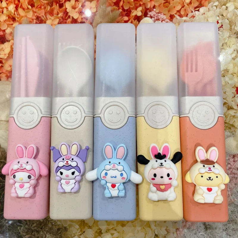 Hello Kitty Kuromi Portable Cutlery Set—Cartoon-Themed Set for Home and Travel, Includes Foldable Chopsticks, Spoon, and Fork Qme