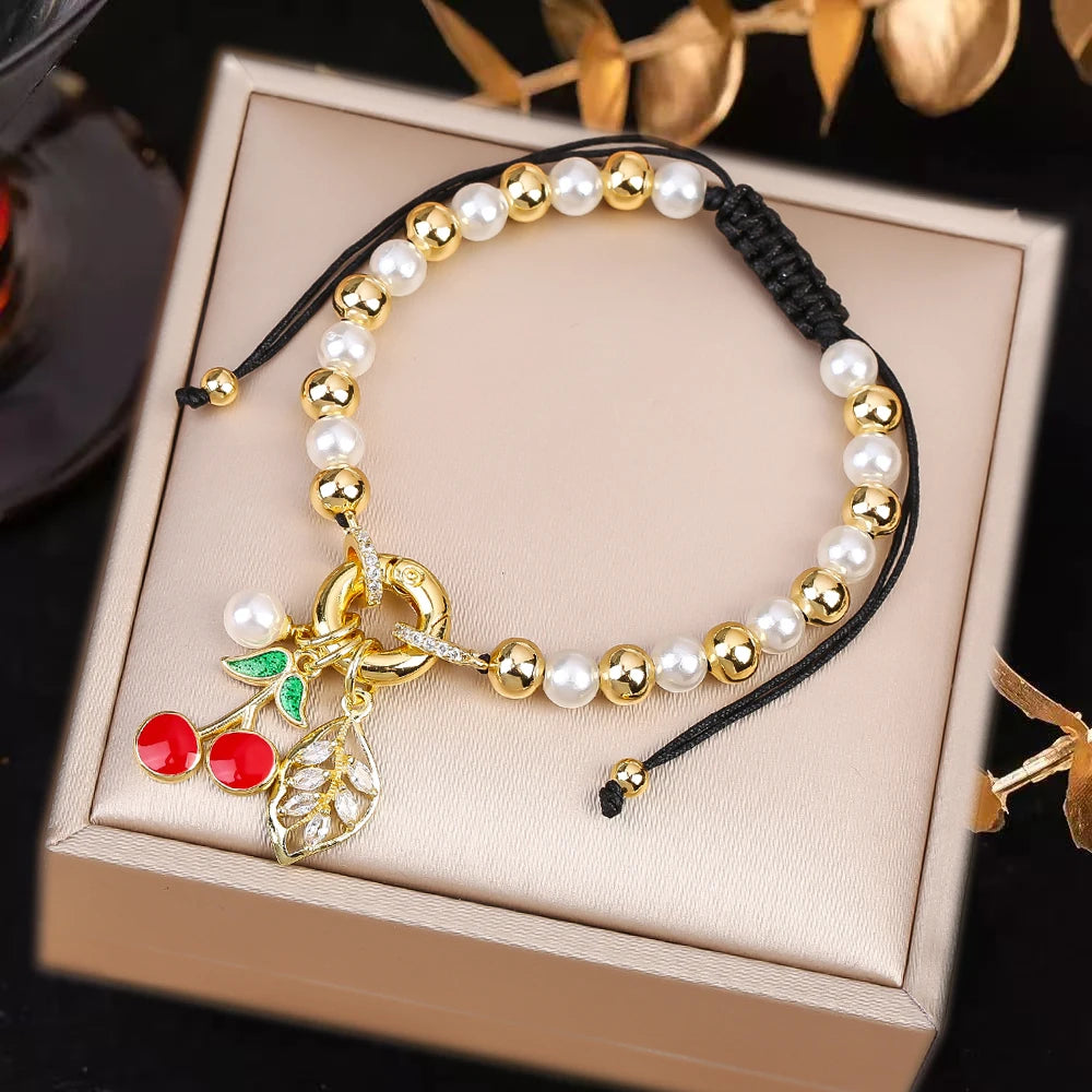 High Quality Pearl Chain Braided Crystal Cherry Adjustable Rope Bracelet Charming For Woman Girl Party Jewelry Gift Daily Wear Qme B
