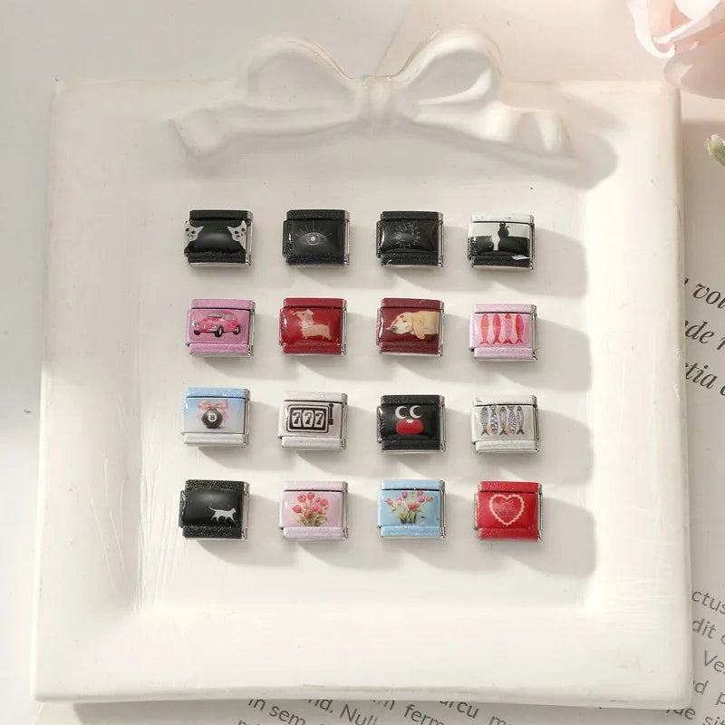 Wholesale Colorful Dog Cat Black Sun Moon Eye Italian Charm Links Fit 9mm Stainless Steel Bracelet Women Jewelry DIY Making Gift Qme