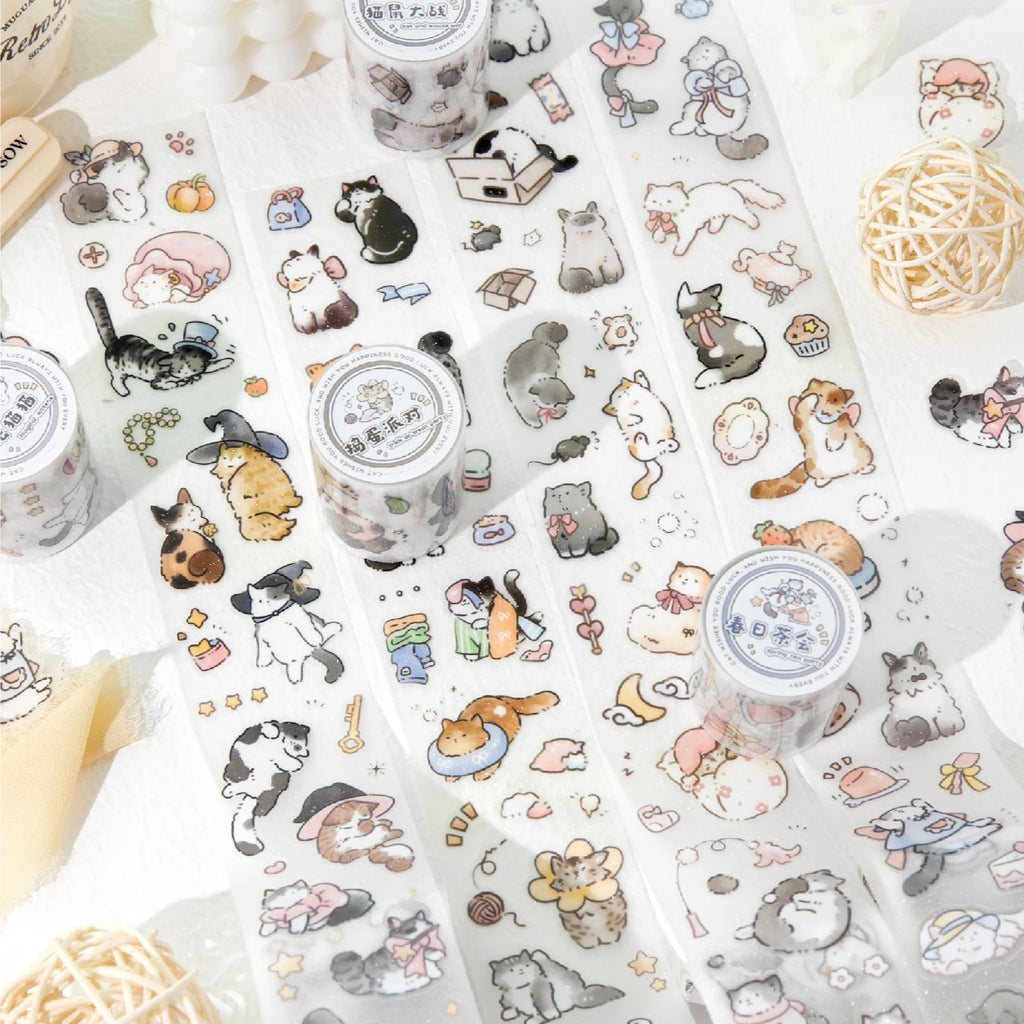 1 Roll Kawaii Cute Line Drawing Cat Theme Glitter PET Tape for Scrapbooking DIY Background Decor Collage Phone Case Notebook Qme