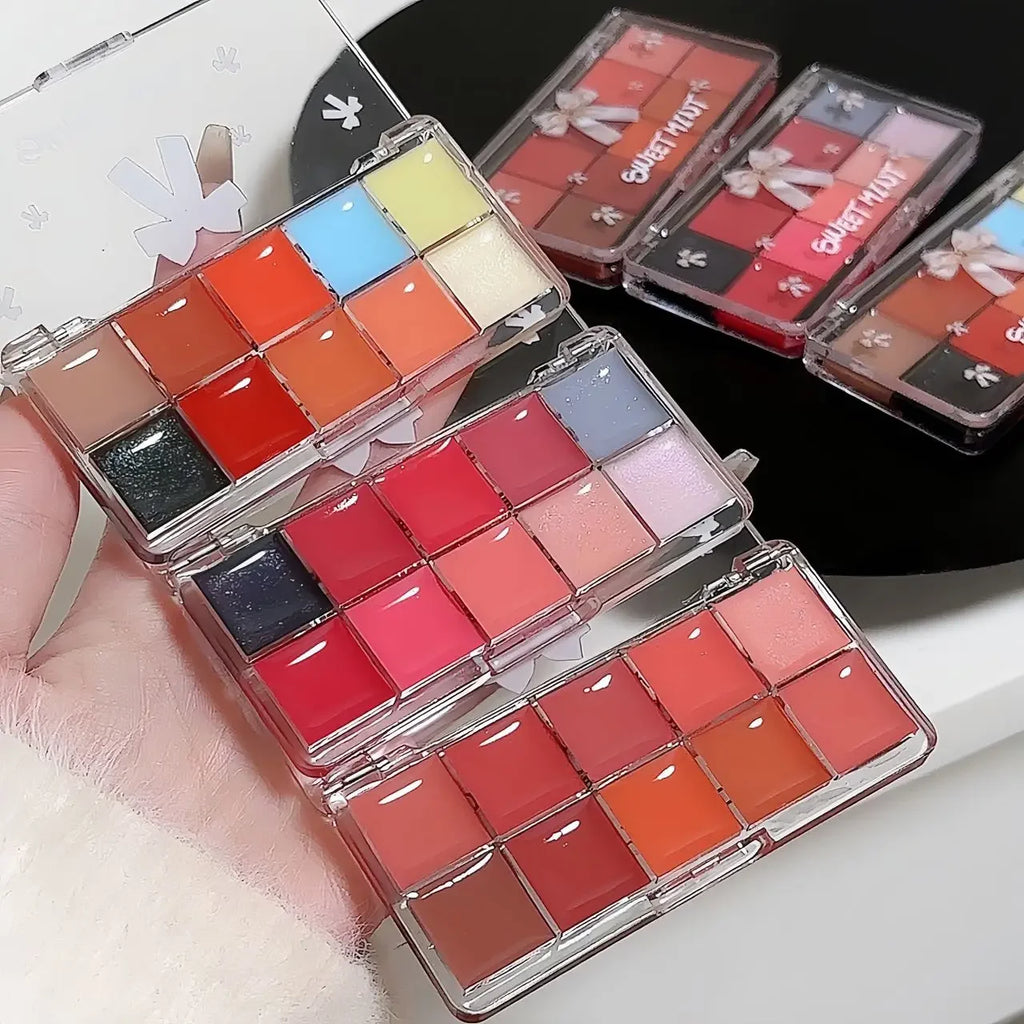 Bow 10Color Jelly Lip Gloss Palette Makeup Moisturizing Liquid Lipstick Palette Raspberry Red Jelly Transparent Lip Glaze Tinted Qme
