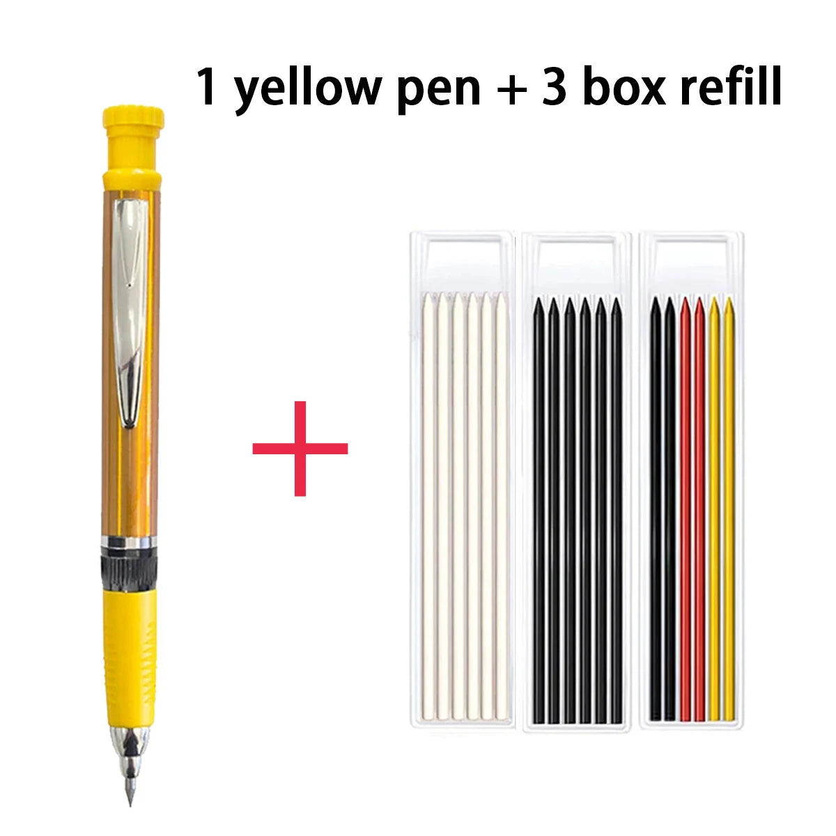 Solid Carpenter Mechanical Pencil With Built-in Sharpener 2.8mm Refillable,Deep Hole Marker for Woodworking Construction Tool Qme 1yellow pen-3refills