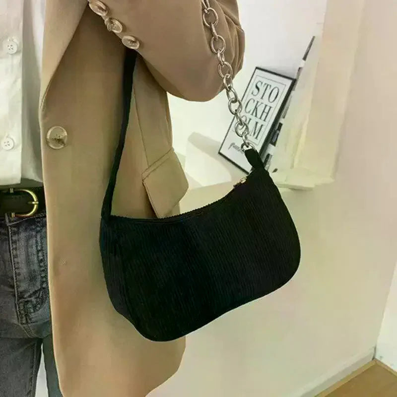 Corduroy Underarm Bag for Women: Solid Color Simple Western Style Spring/Summer Small Square Shoulder Bag for Casual Outfits Qme