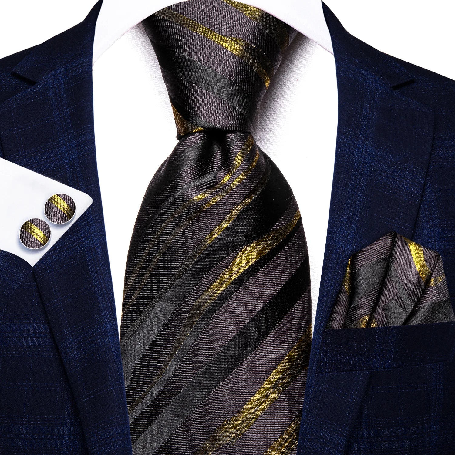 Hi-Tie Burgundy Blue Striped Men Elegant Necktie Handkerchief Cufflinks 3PCS Set Fashion Classic Silk Luxury Tie for Man Qme N-3426