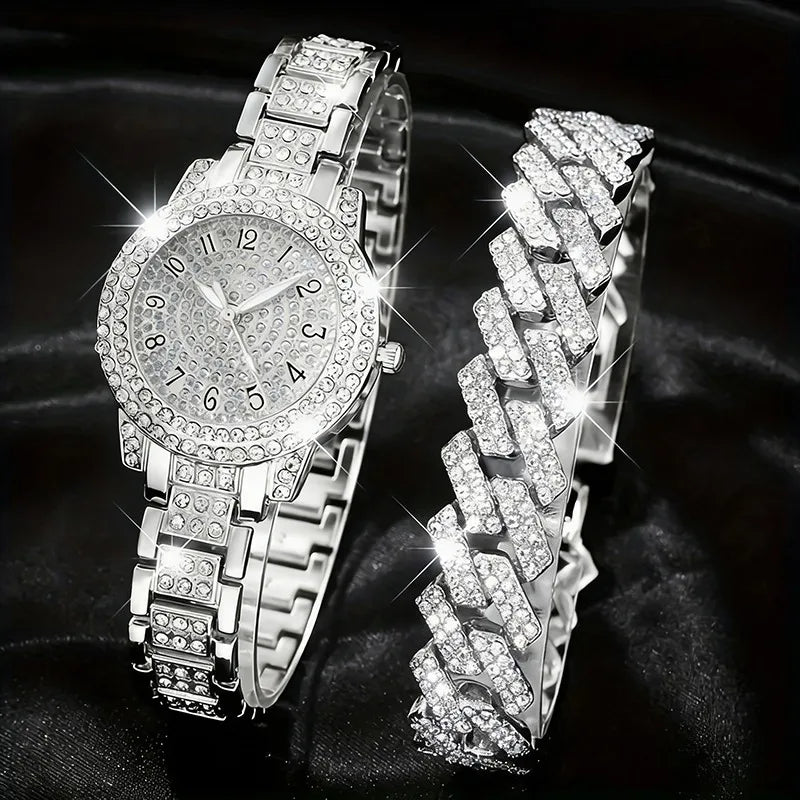2PCS Luxury Diamond Women's Watch Set Fashion Arabic Dial Women's Quartz Watch Girls' Clock Gift Qme Silver No