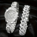 2PCS Luxury Diamond Women's Watch Set Fashion Arabic Dial Women's Quartz Watch Girls' Clock Gift Qme Silver No