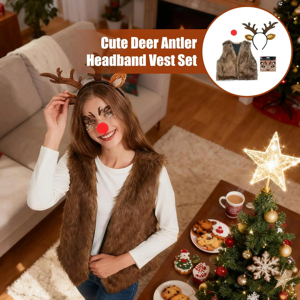 Reindeer Costume Set All-Day Wear Outfit Christmas Deer Costume Vest Red Nose Headband For College Students Adults Girlfriend Qme