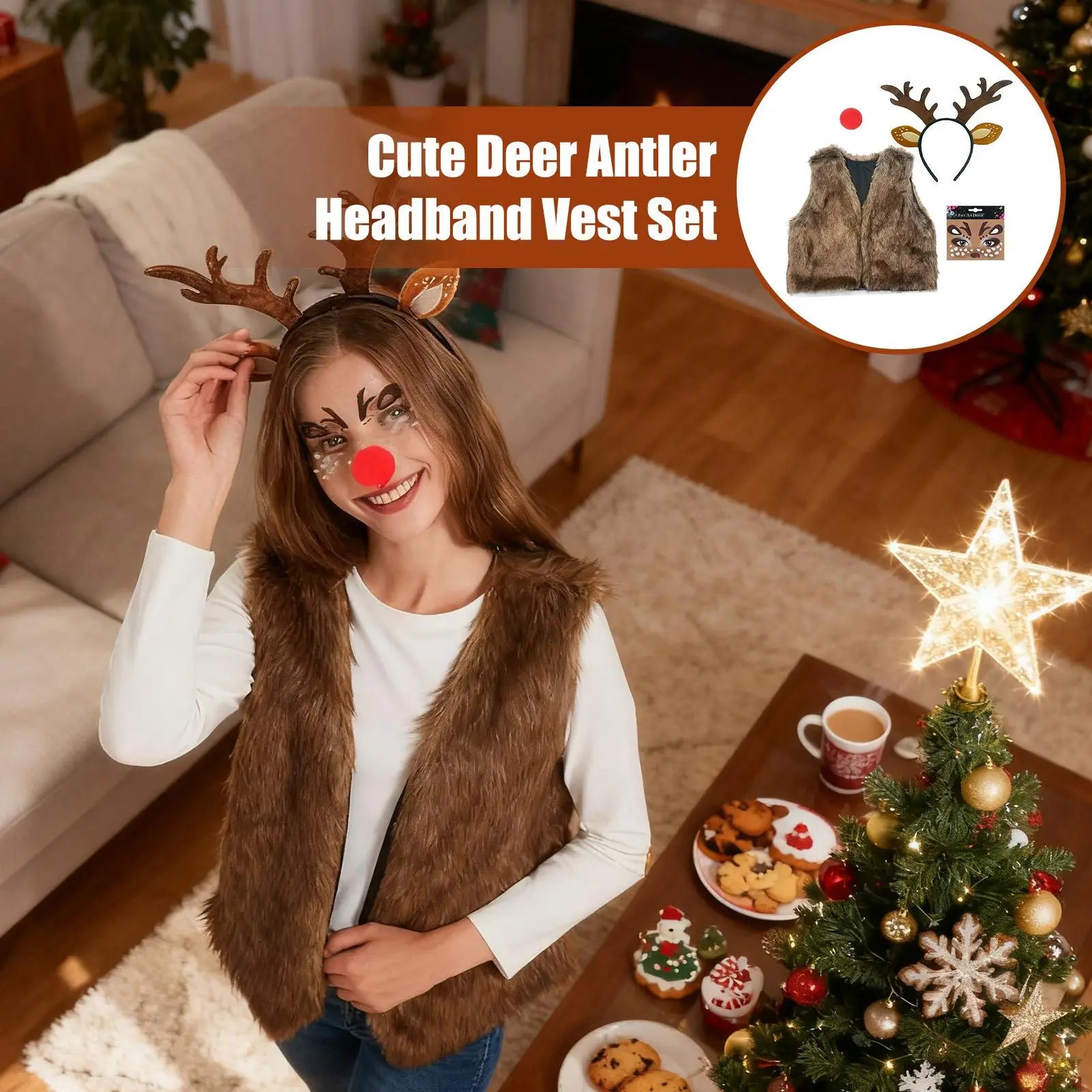 Reindeer Costume Set All-Day Wear Outfit Christmas Deer Costume Vest Red Nose Headband For College Students Adults Girlfriend Qme