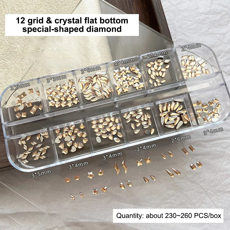 12 Grids Mixed Shape Colorful Rhinestones Nail Art Decoration Multi Size Flat Back Rhinestone Nail Gel Diy Nail Accessories Qme Champagne