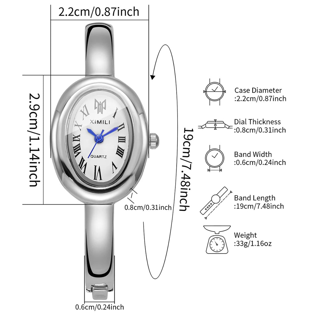 Minimalist Thin Gold Metal Bangle Ladies Watch, Small Oval Dial Roman Scale Quartz Dress Watch, Elegant Gift for Girls Women Qme