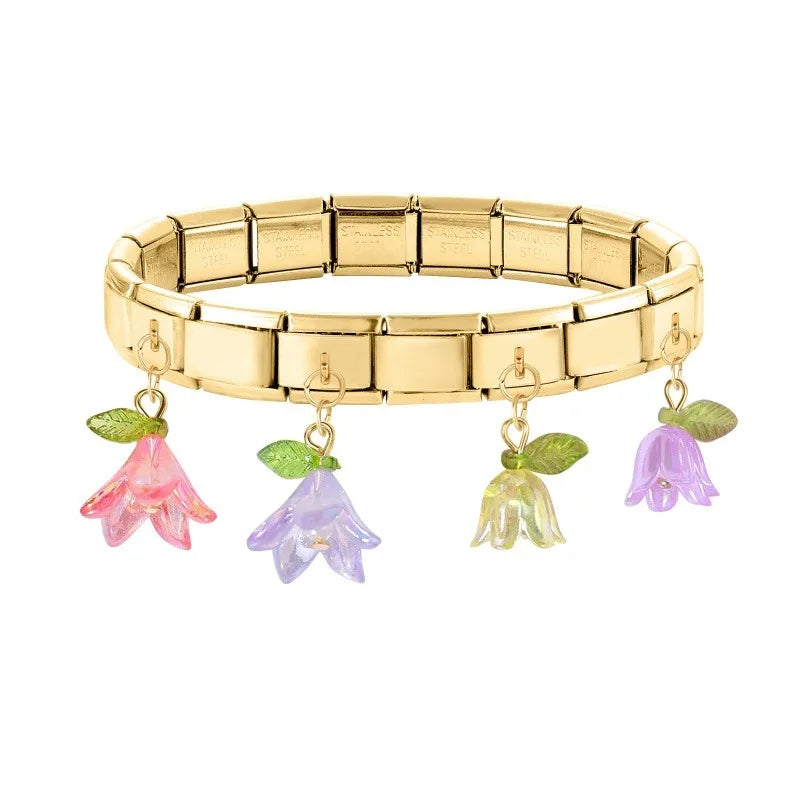 Fashion Colorful Lily Of The Valley Golden Pendant Italian Charm Link Fit 9mm Bracelet Stainless Steel Women Men DIY Making Gift Qme