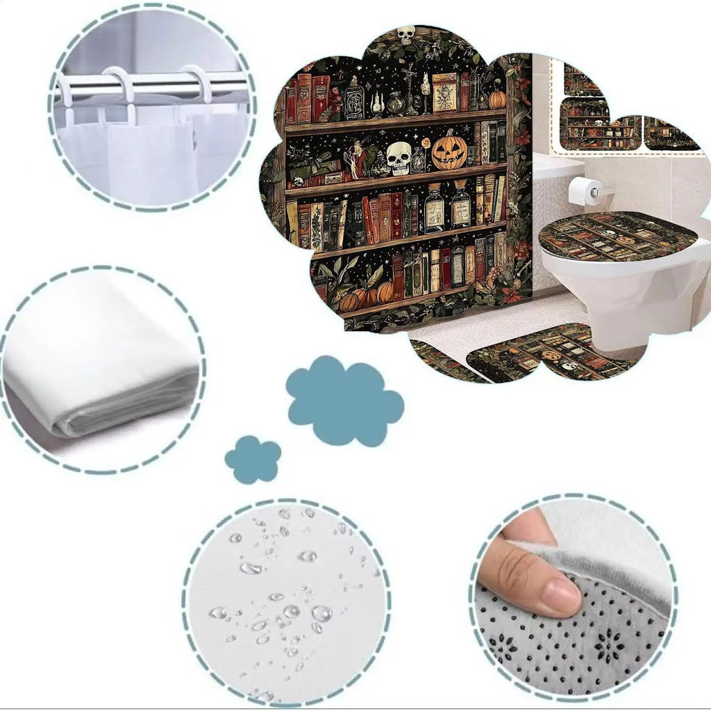 Halloween Bathroom Shower Curtains Non Slip Skull Rugs Toilet Lid Qme