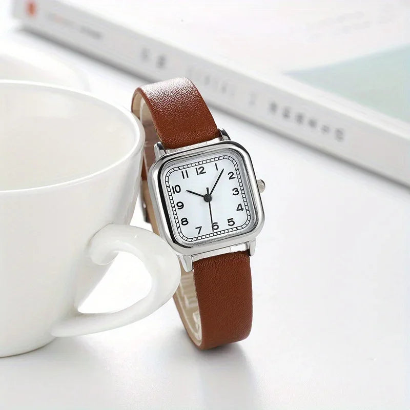 Casual Square Pointer Quartz Watch Analog PU Leather Wristwatch For Women Girls Students Qme Brown No