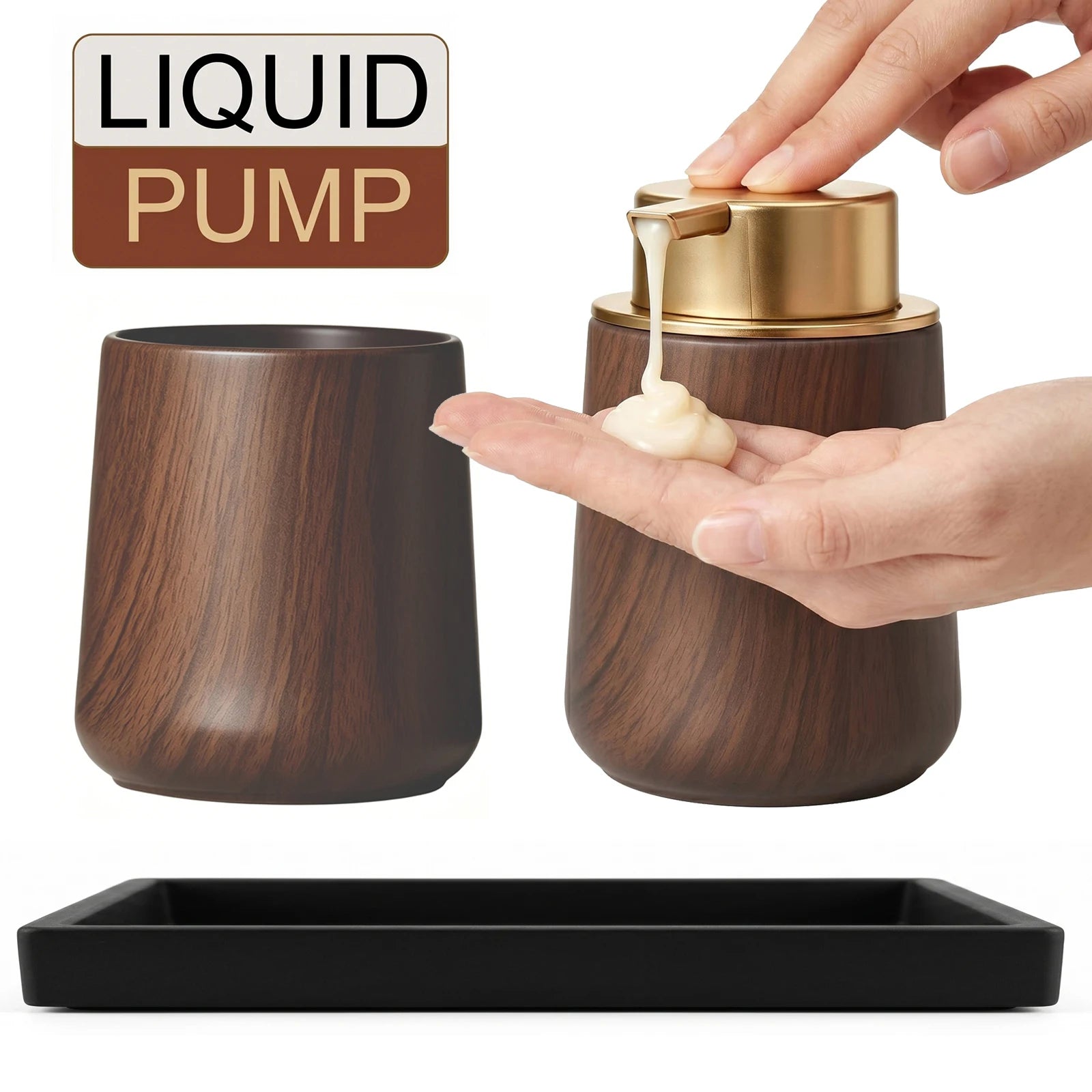 Cotton Lotion Hand Toothpaste Brush Storage Countertop Accessories Walnut Foam Soap Dispenser Bottle Set for Kitchen Bathroom Qme LIQUID-SET D
