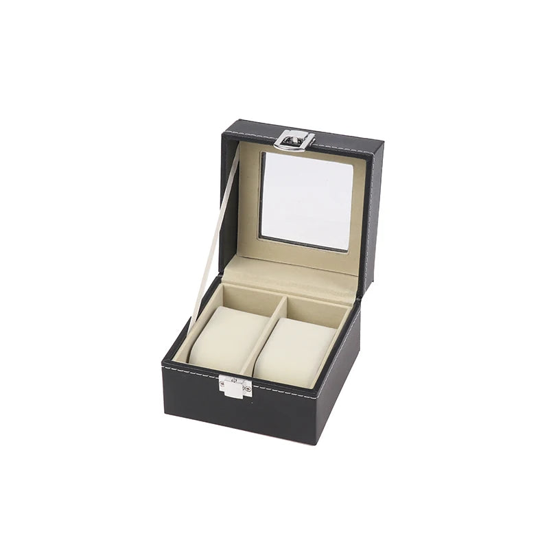 1Pc Black PU Leather Watch Box Display Case Organizer With Framed Glass Lid And Removable Pillow For Men And Women Qme 2 Slot