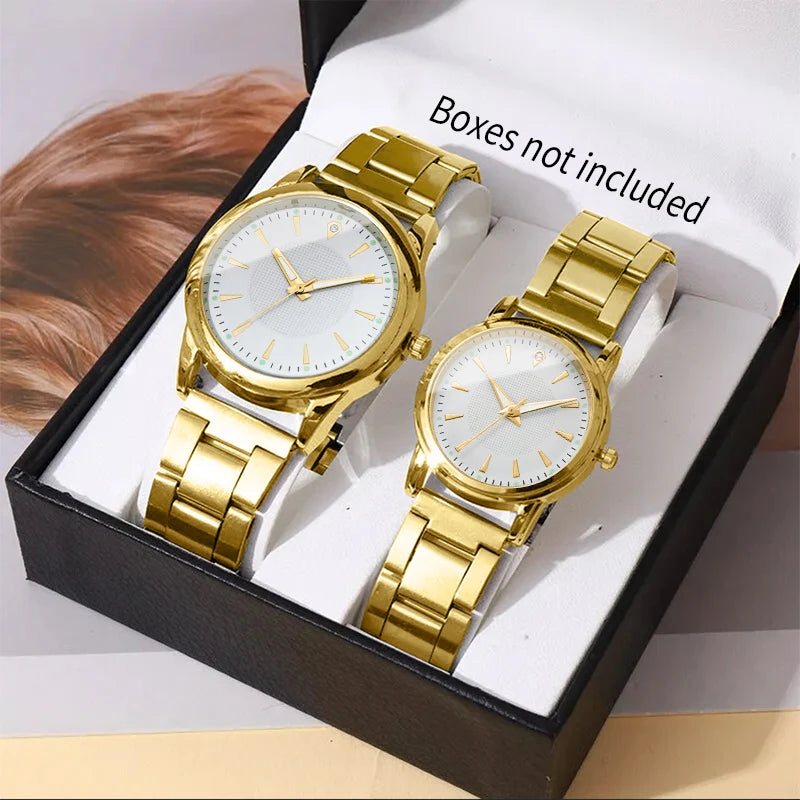 Business Casual Couple Wristwatch Pair, Polished Silver Metal Bracelet Minimal Round Dial Quartz Watch for Lovers Qme Gold White No Box