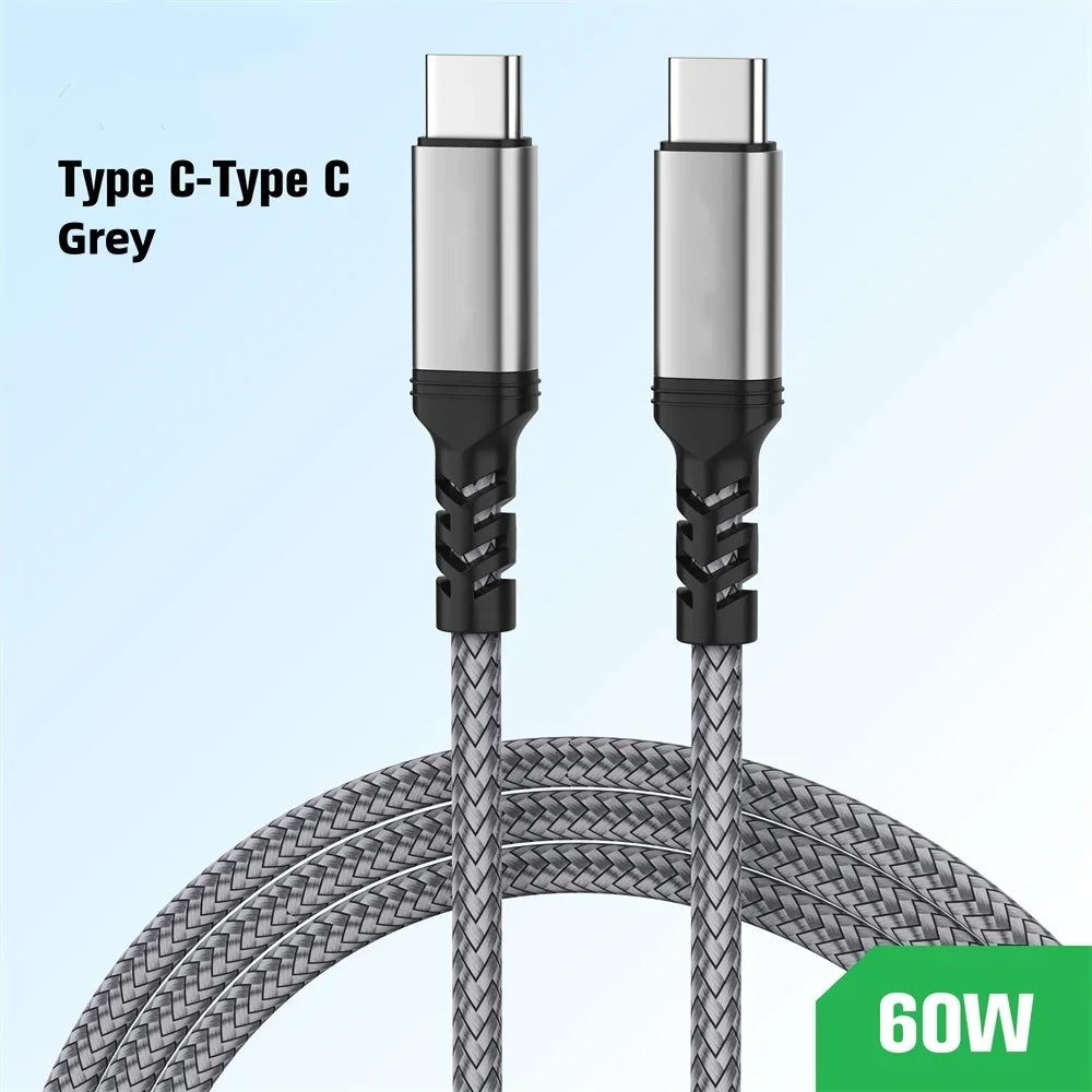 PD 60W Type-C to C Fast Charging Extension Data Cable Nylon Braided PD Data Cord For iPhone 17 15 Xiaomi Samsung 1M 2M 3M 5M 8M Qme Grey Type-C to C 1 meter
