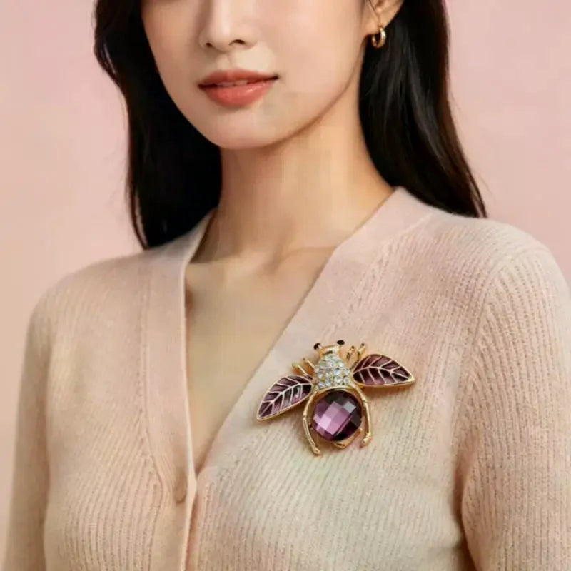 Rose Gold Plated Purple Crystal Bee Brooch With Rhinestone Enamel Wings For Wedding Party Daily Wear Qme
