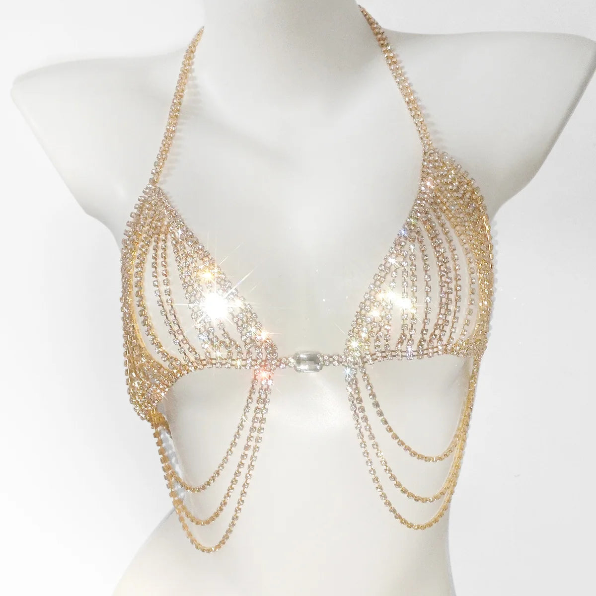 Flash Diamond Breast Chain Rhinestone Tassel Sexy Bikini Body Qme Gold-color