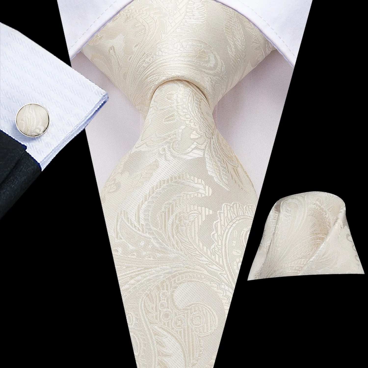 Men Luxury Champagne Necktie Set Including Pocket Square & Cufflinks Party Daily Outfit Qme LDSN3229