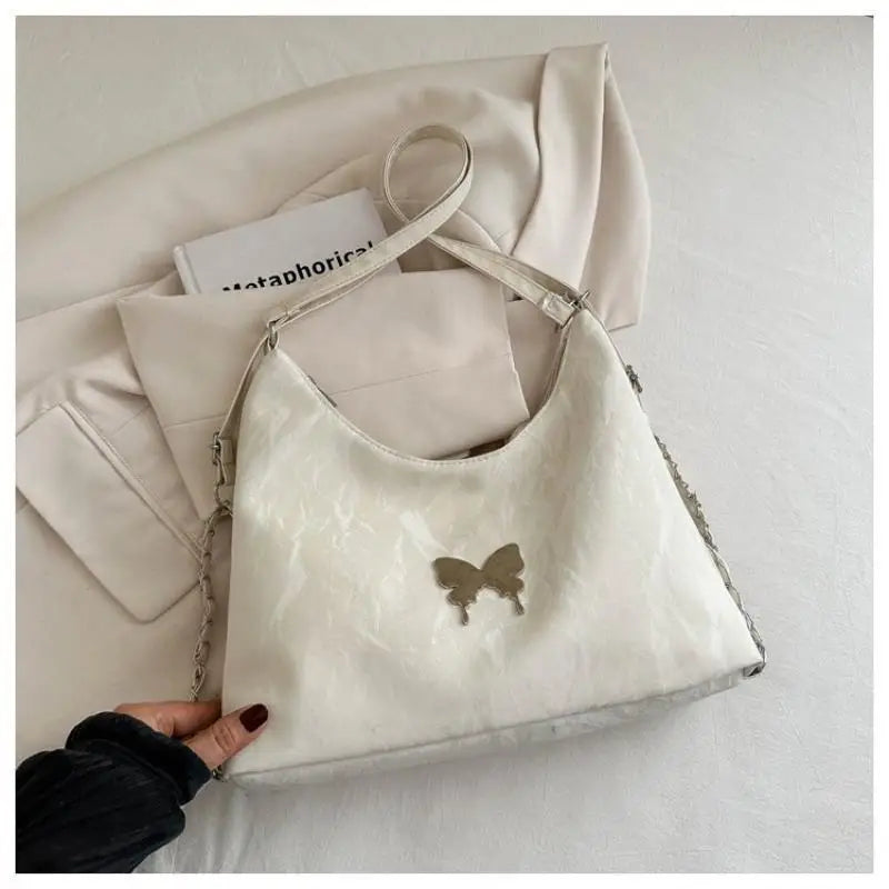 Women Fashion Shoulder Crossbody Dual-use Bag Silver Butterfly Decor Large Capacity For Daily Commute Shopping Travel Qme White