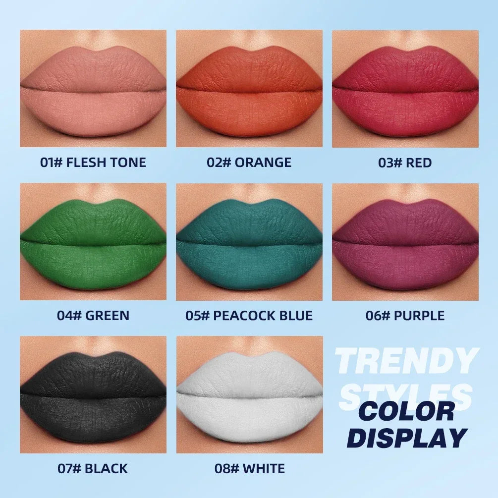 QIBEST 8 Colors Matte Lipstick Waterproof Velvet Sexy Red Lip Stain Popular Black Red Orange White Color Lasting Lipstick Makeup Qme