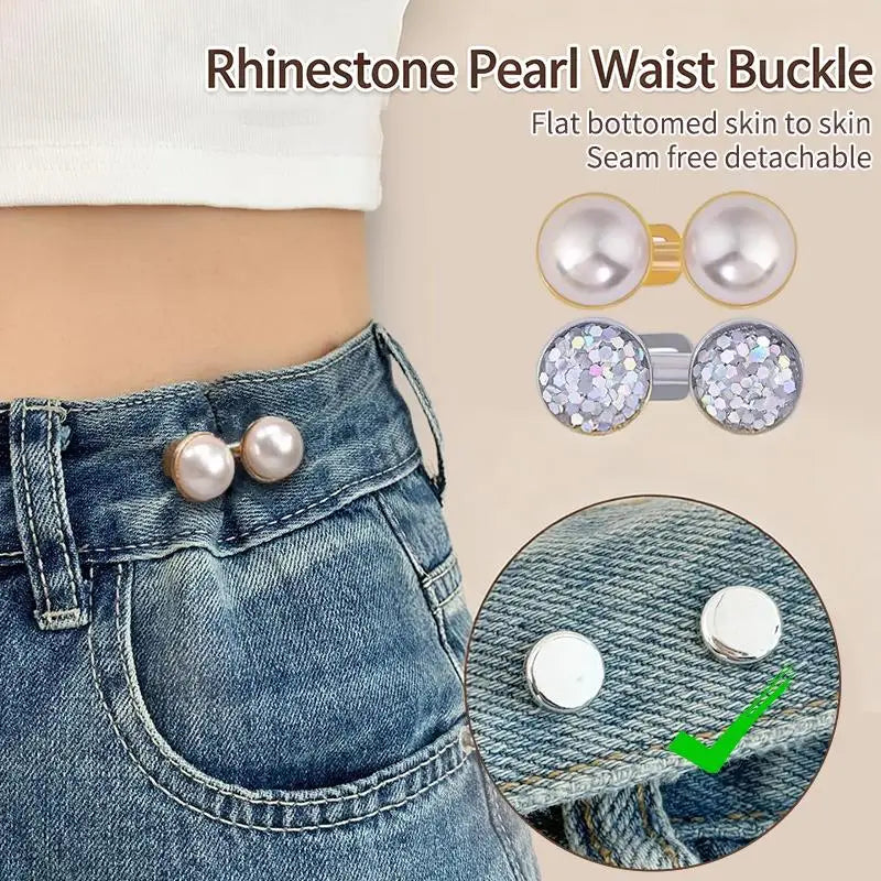 Fashion Shiny Rhinestones Pearl Adjustable Waist Buckle Jean Buttons Reusable No Hole Waist Cincher Clip For Clothing Dresses Qme