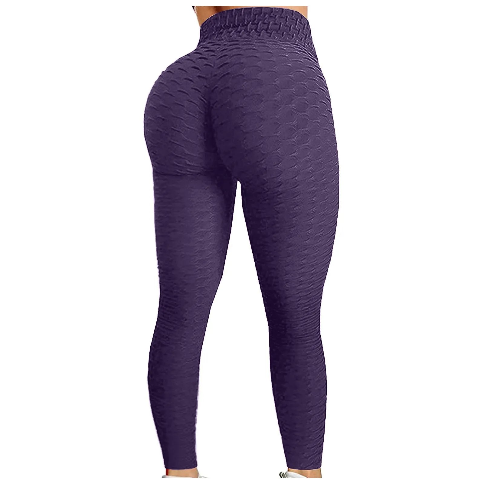 Women's Bubble Hip Lifting Exercise Fitness Running High Waist Yoga Pants Solid Color Fashionable Yoga Pants Qme Purple XL