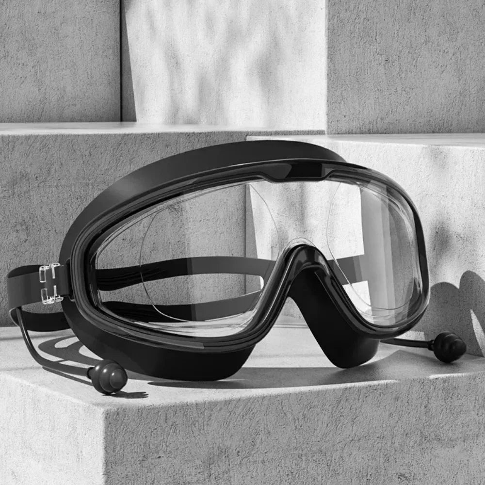 Swimming Goggles Silicone Swim Glasses Big Frame Earplugs Men Women Qme Black Adult