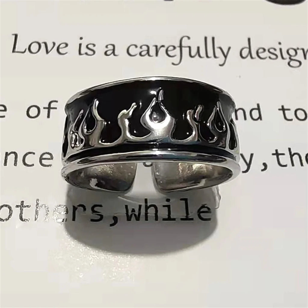 Cool Retro Flame Fire Stainless Steel Ring Men Women Punk Gothic Edgy Couple Jewelry Rock Hiphop Cosplay Accessories Unisex Gift Qme