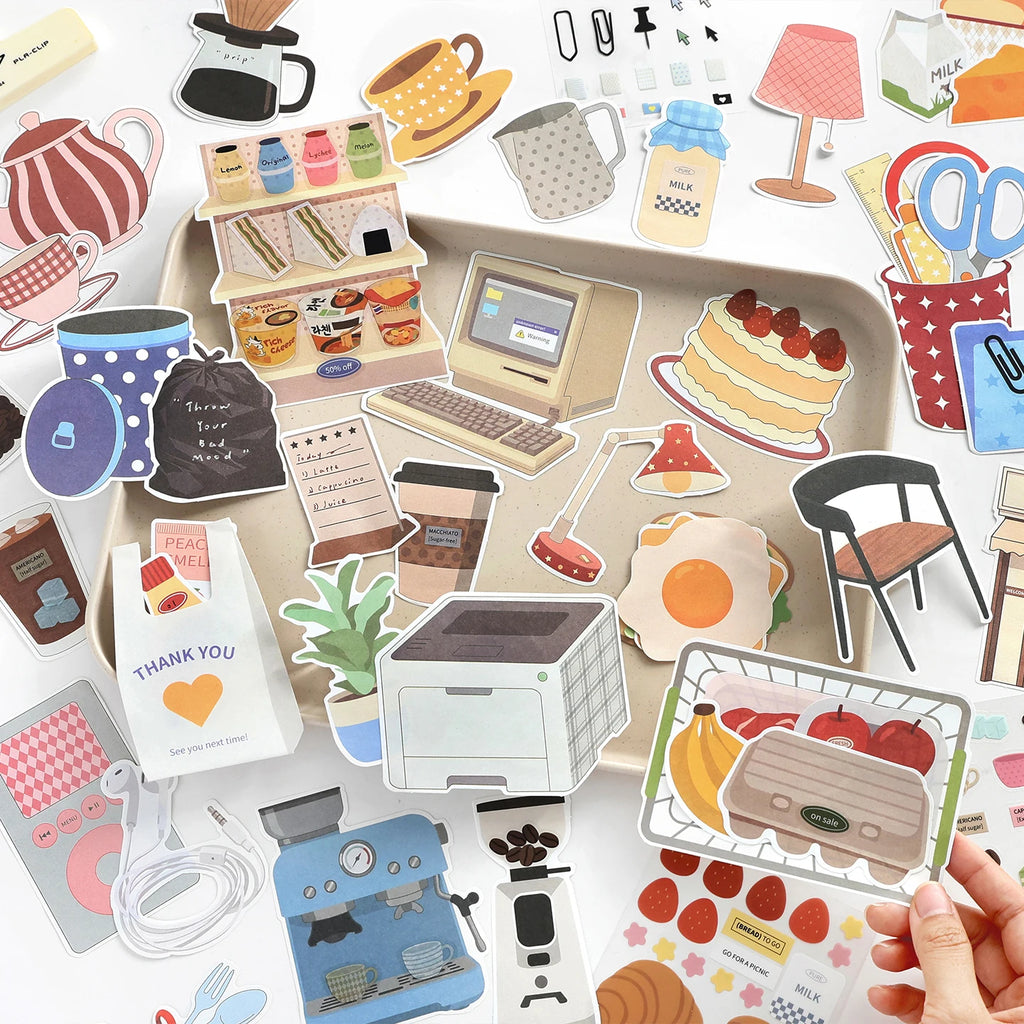 TIANZI 15/60pcs Tomorrow's Store Series Food and Coffee Material Pack DIY Scrapbook Handbook Aesthetic Stationery Supplies Qme