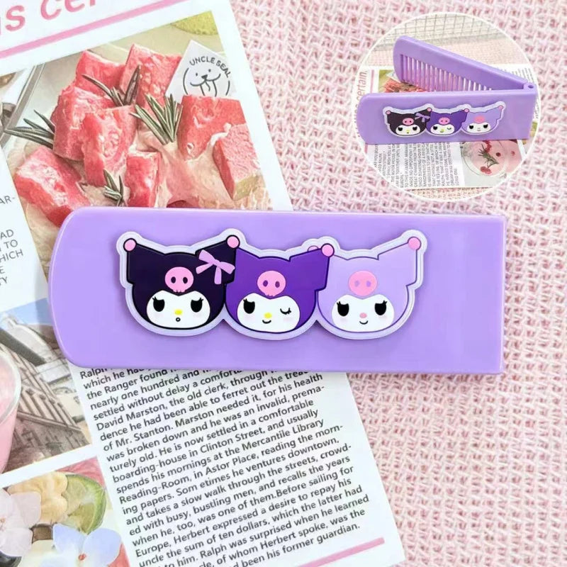 Cute Mini Hello Kitty Comb Cartoon-Style Folding Bangs Comb Portable Fine-Tooth Comb with Mirror Qme