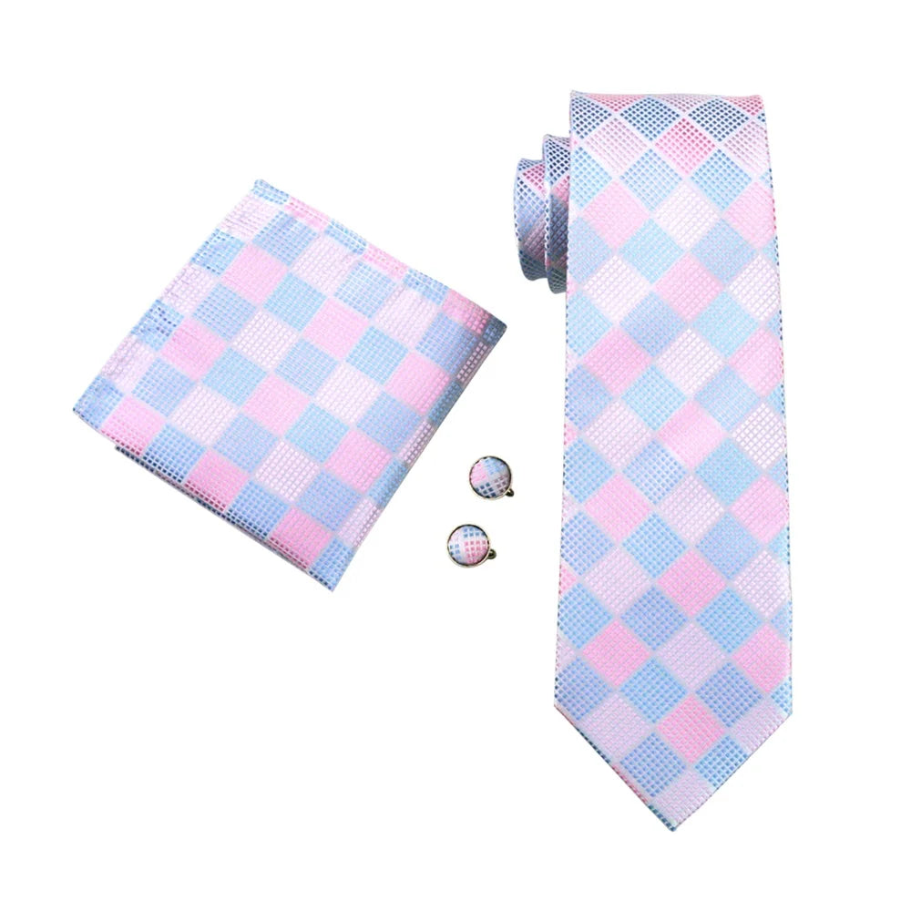 Hi-tie Grey Pink Red Plaids Geometric Tie Men Hanky Cufflink Fashion Qme 1028