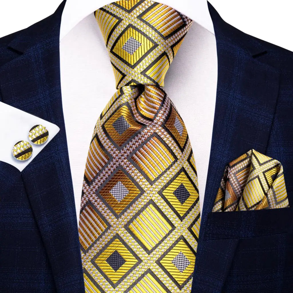 Hi-tie Designer Grey Plaid Novelty Silk Wedding Tie Men Handky