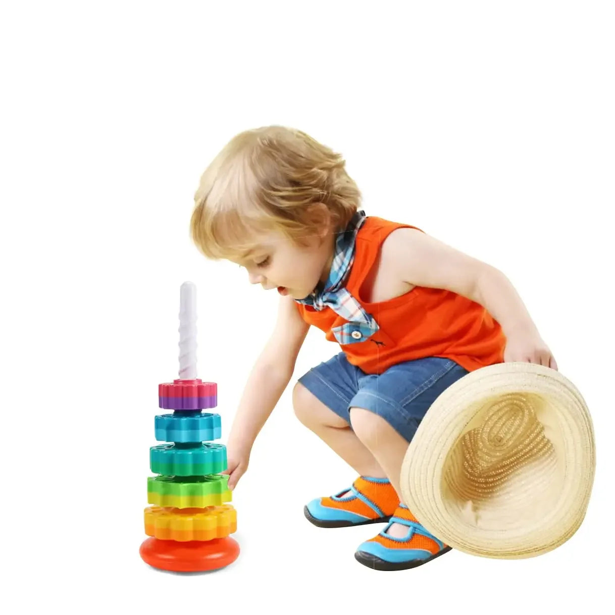 Montessori Rotating Rainbow Tower Baby Stacking Puzzle Toys Safety and Environmental Protection Colored Children's Toys Boy Girl Qme