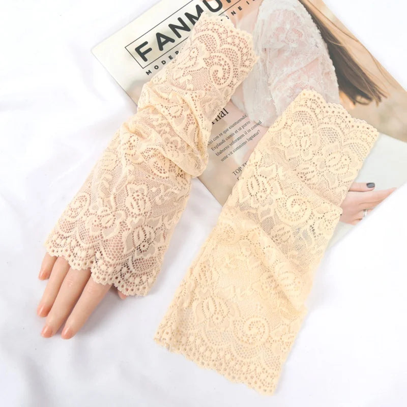 1 Pair Arm Sleeves Lace Sunscreen Short Gloves Ultra-thin UV Qme Beige 29cm
