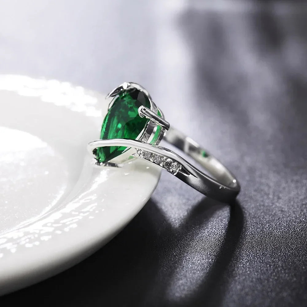Hot Beautiful 925 Sterling Silver Charms Green Crystal Water Droplets Ring for Women Size 7 8 Fashion Anniversary Gift Jewelry Qme