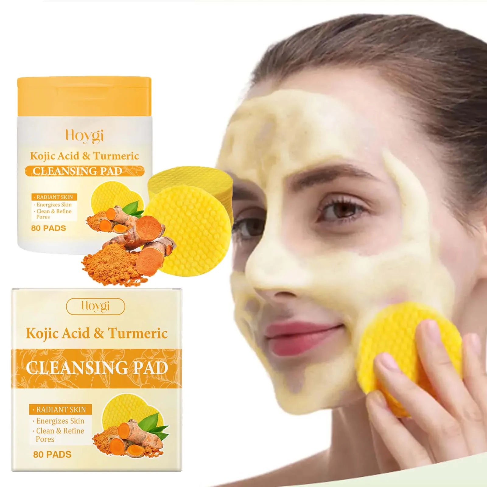 80Pcs Turmeric Kojic Acid Cleansing Pads Cleansing Exfoliating Pads Facial Sponges Refreshing Daily Facial Pore Cleansing Pad Qme