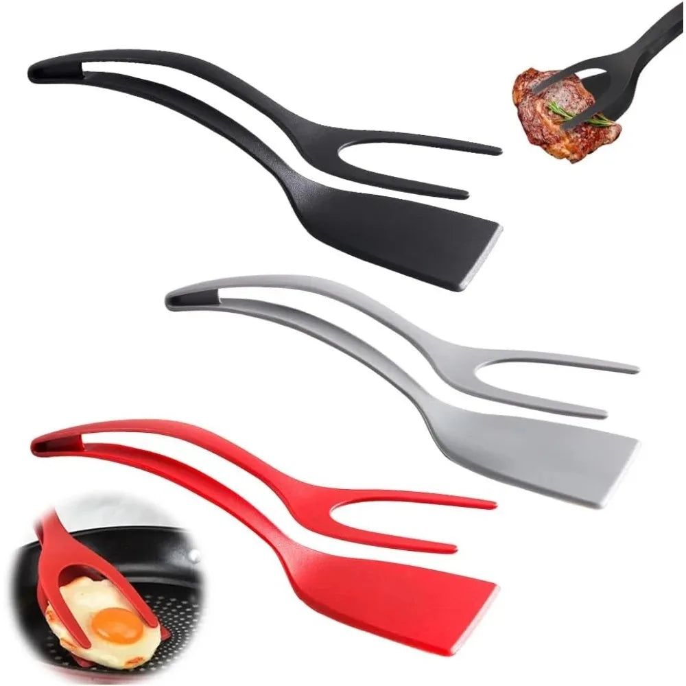 2-in-1 Silicone Egg Flipper Tongs Non-stick Spatula Fish French Toast Qme