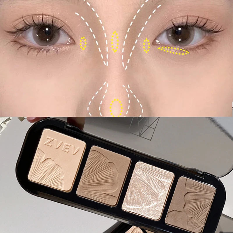 Contour Highlight Palette Silky Blurring Powder for Face Sculpting 4-in-1 Shimmer Matte Long Lasting Makeup Palette Nose Shadow Qme